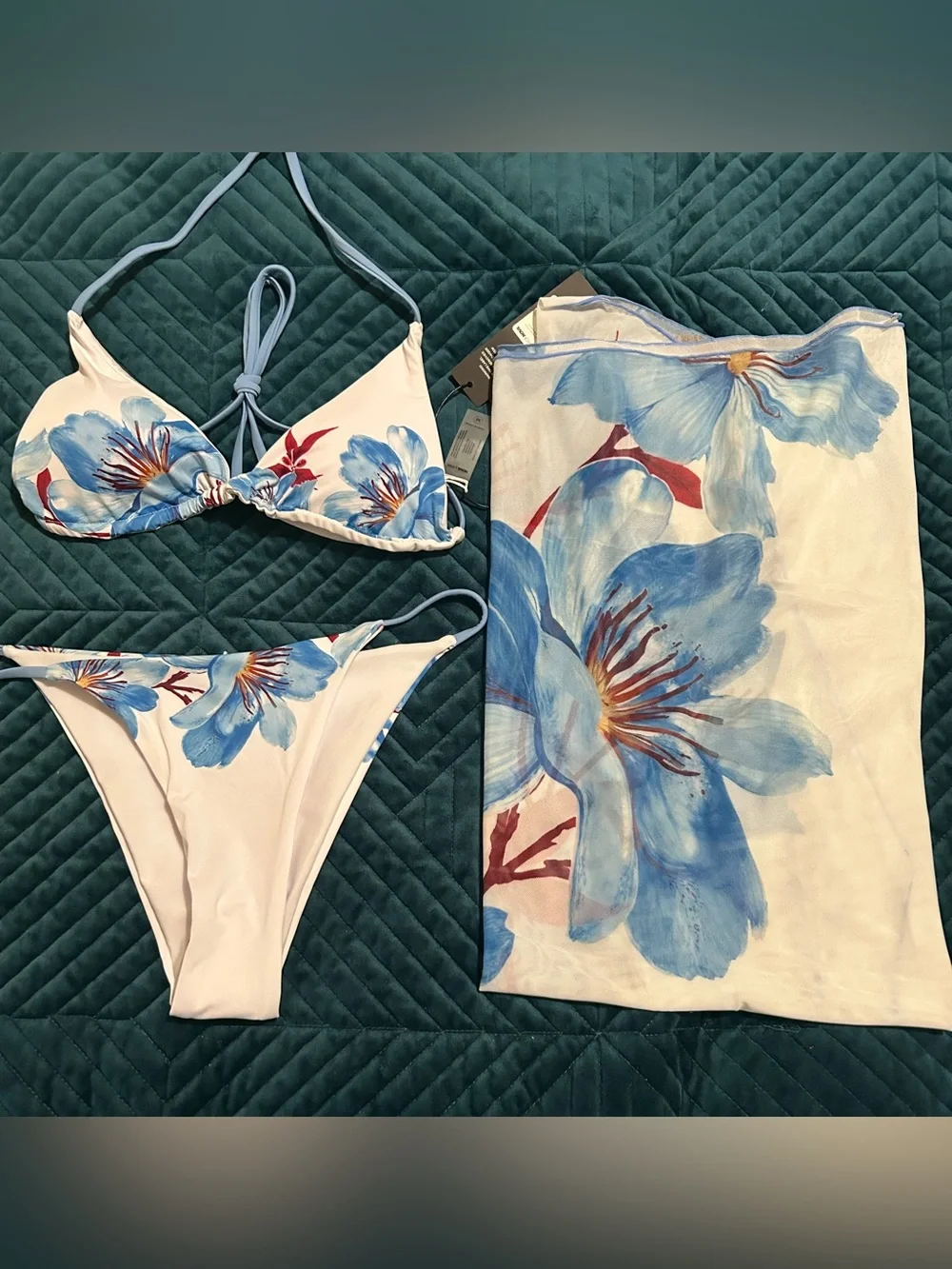 Fashion Nova White & Blue Floral Triangle Bikini Set with Sheer Sarong🌺